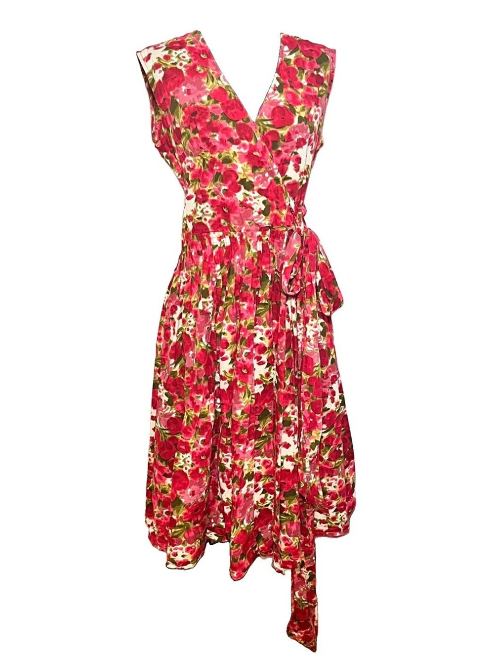 Vtg 90s Newport News Midi Dress Deep Pink Floral Wrap A Line Cotton US Sz 6
